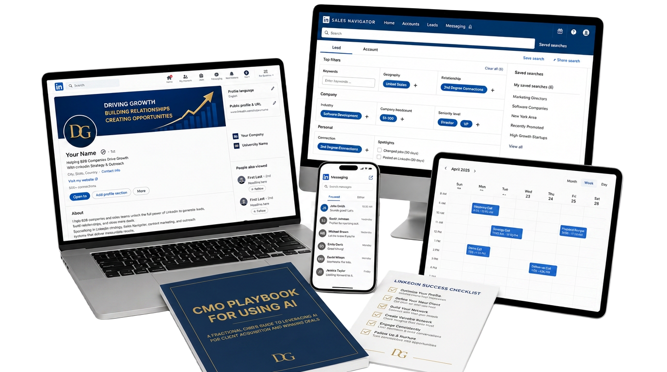 LinkedIn outreach system shown across laptop, phone, Sales Navigator, calendar, playbook and checklist